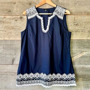 Talbots Embroidered Navy White Sleeveless Notch Neck Boho Lightweight Top, Sz L